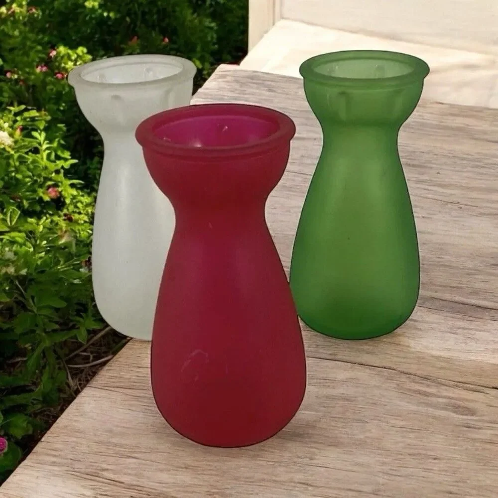3 Bud Vases Red Pink, Frosted White Brilliant Green 4” Tall Cottagecore